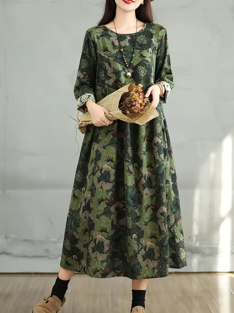 Elegancka sukienka bawełniana z długim rękawem i nadrukiem w stylu vintage